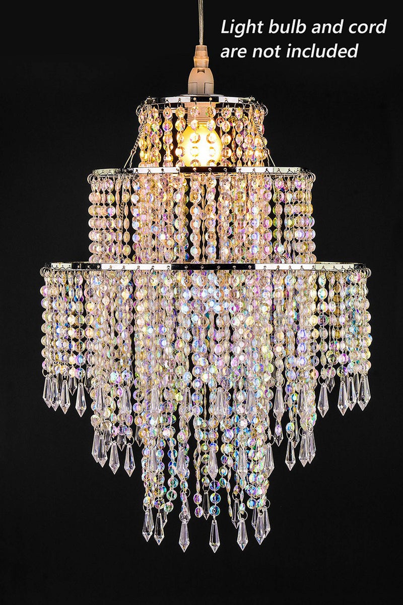 Waneway Large 3 Tiers Beads Pendant Shade, Ceiling Chandelier Lampshade with Acrylic Jewel Droplets, Beaded Lampshade with Chrome Frame and Sparkling Beads, Diameter 12.6 inches, Clear - Image 2